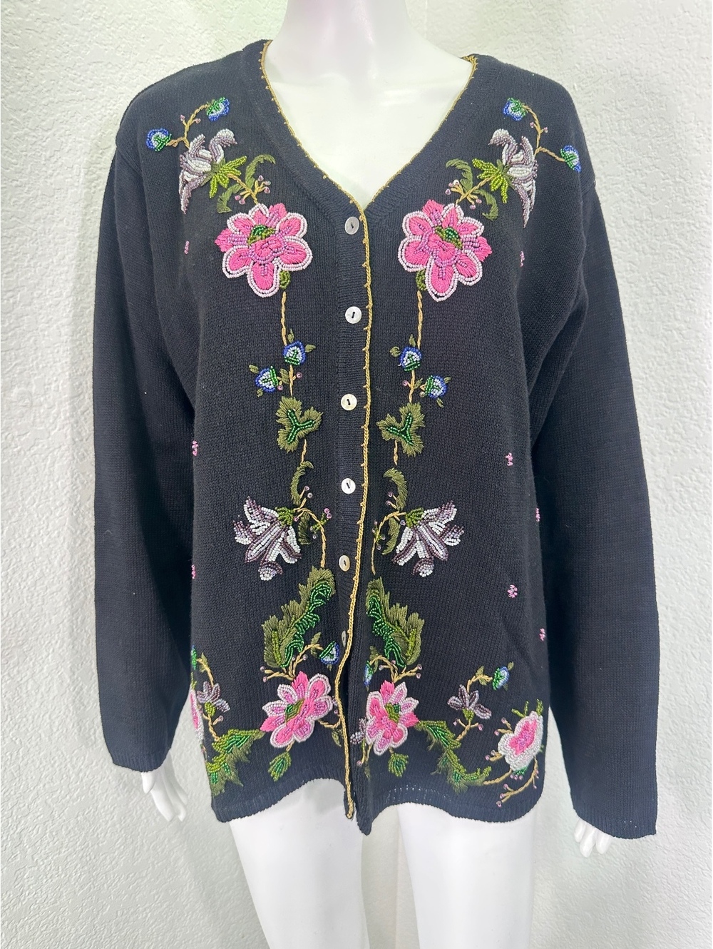 VTG Women’s Sz XL Arriviste Black Beaded Floral Cardigan Sweater Cottagecore - Picture 2 of 9
